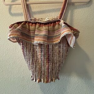 Brown and Tan Smocked Ruffled Crop Tank Top